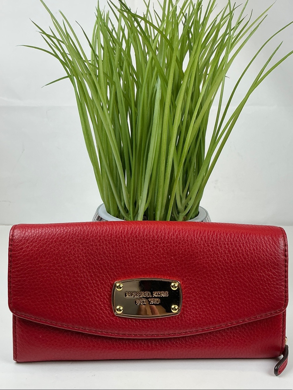 Michael Kors Red Pebbled Leather Wallet with Gold Plaque